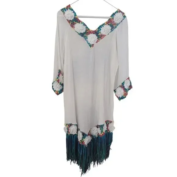 Hand-Crocheted Bikini Cover-Up – White with Rainbow Jamaican Yarn (Size Small) - Picture 2 of 4